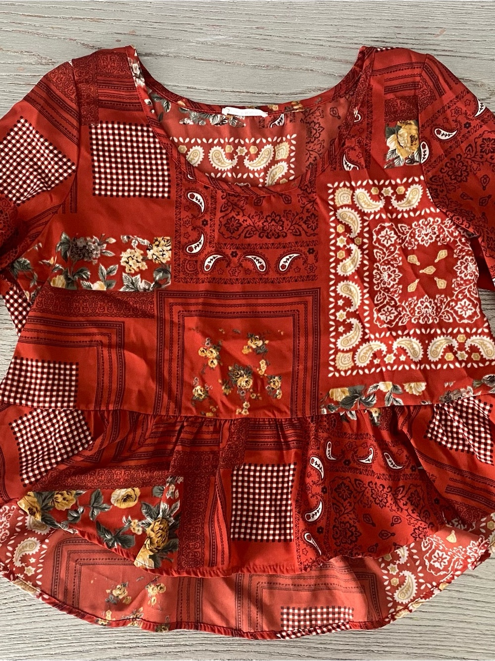 Vintage y2k Red Patchwork Peplum Tunic Top